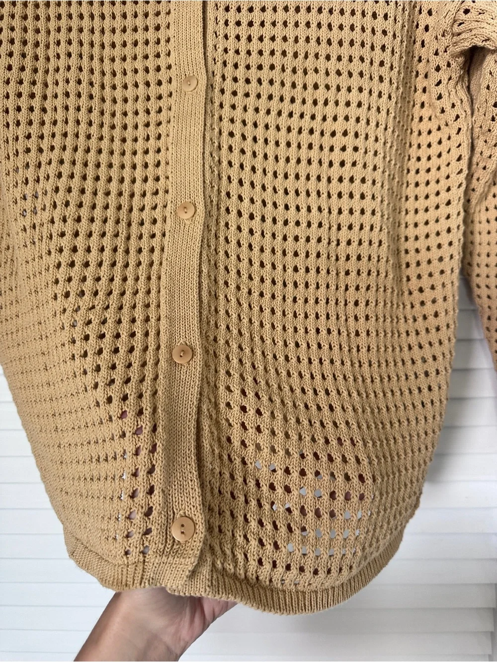 Madewell 100% Cotton Tan Crochet Stitch Open Knit Polo Cardigan Sweater Size S - Picture 9 of 16